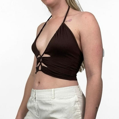 SHEIN Brown Cutout Halter Neck Cropped Top