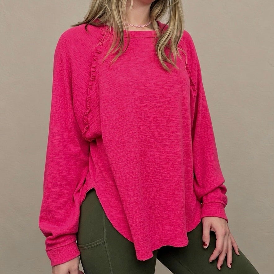 Pilcro Pink Ruffle Seam Knit Long Sleeve Top