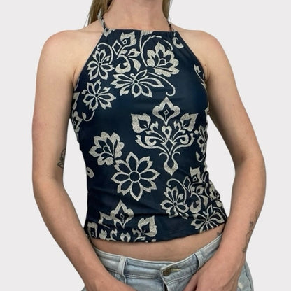 Navy Blue Boho Padded Open Lace Up Back Swim Top