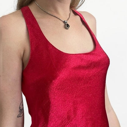 Victoria's Secret Vintage 2000s Red Silky Cross Back Mini Lace Trim Slip Dress