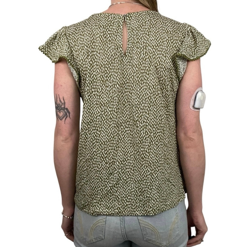 NWT LOFT Linen Green & White Dot Boho Embroidered Trim Blouse