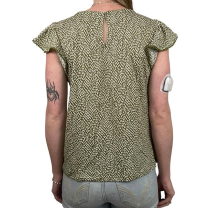 NWT LOFT Linen Green & White Dot Boho Embroidered Trim Blouse