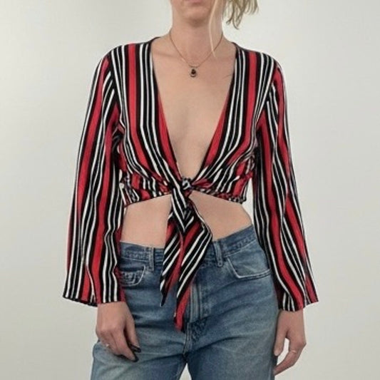 ONLY Red & Black Striped Tie Front Bell Sleeve Top