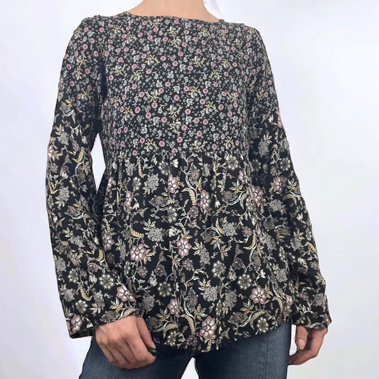 Lascana for Venus Black Floral Long Sleeve Billowy Blouse