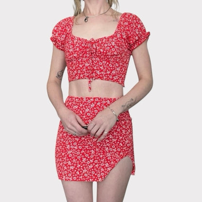 Sundae Muse. Red Floral Matching Mini Skirt & Cropped Blouse Set