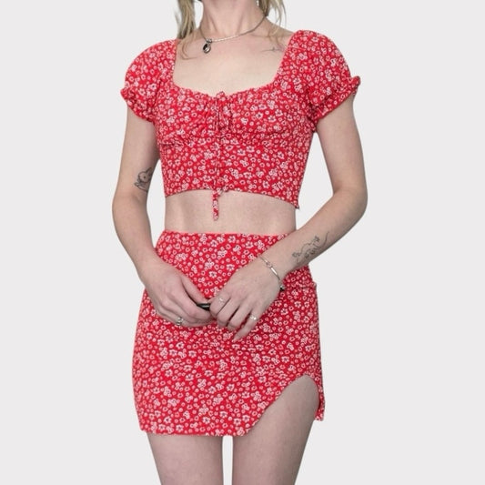 Sundae Muse. Red Floral Matching Mini Skirt & Cropped Blouse Set