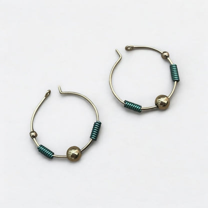 Vintage Gold & Green Beaded Hoop Earrings