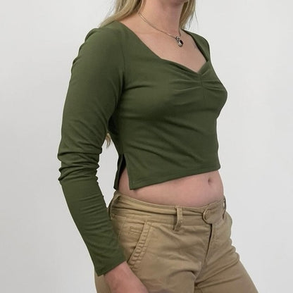 Trendy Queen Olive Green Ruched Sweetheart Neck Long Sleeve Cropped Blouse