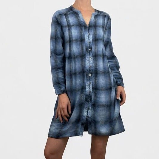 J. Jill Blue Plaid Long Sleeve Button Down Mini Dress