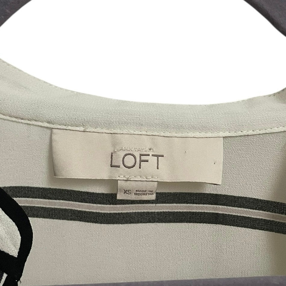 LOFT Sheer Black & White Striped Long Sleeve V-Neck Blouse