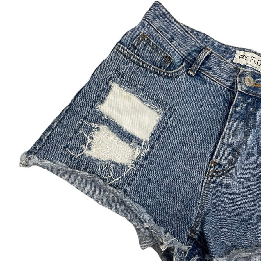 By Flow Patchwork Distressed High Rise Mini Denim Jean Shorts