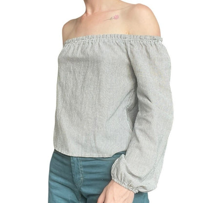 Brandy Melville Grey & White Pin Striped Off the Shoulder Puff Sleeve Blouse