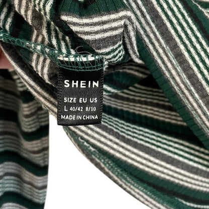 SHEIN Green Striped Cropped V-Neck Ribbed Long Sleeve Top