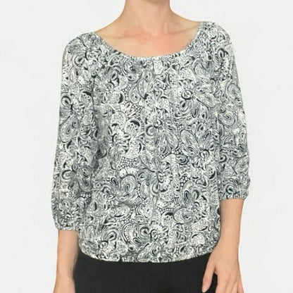 Michael by Michael Kors Black & White Paisley Quarter Sleeve Blouse