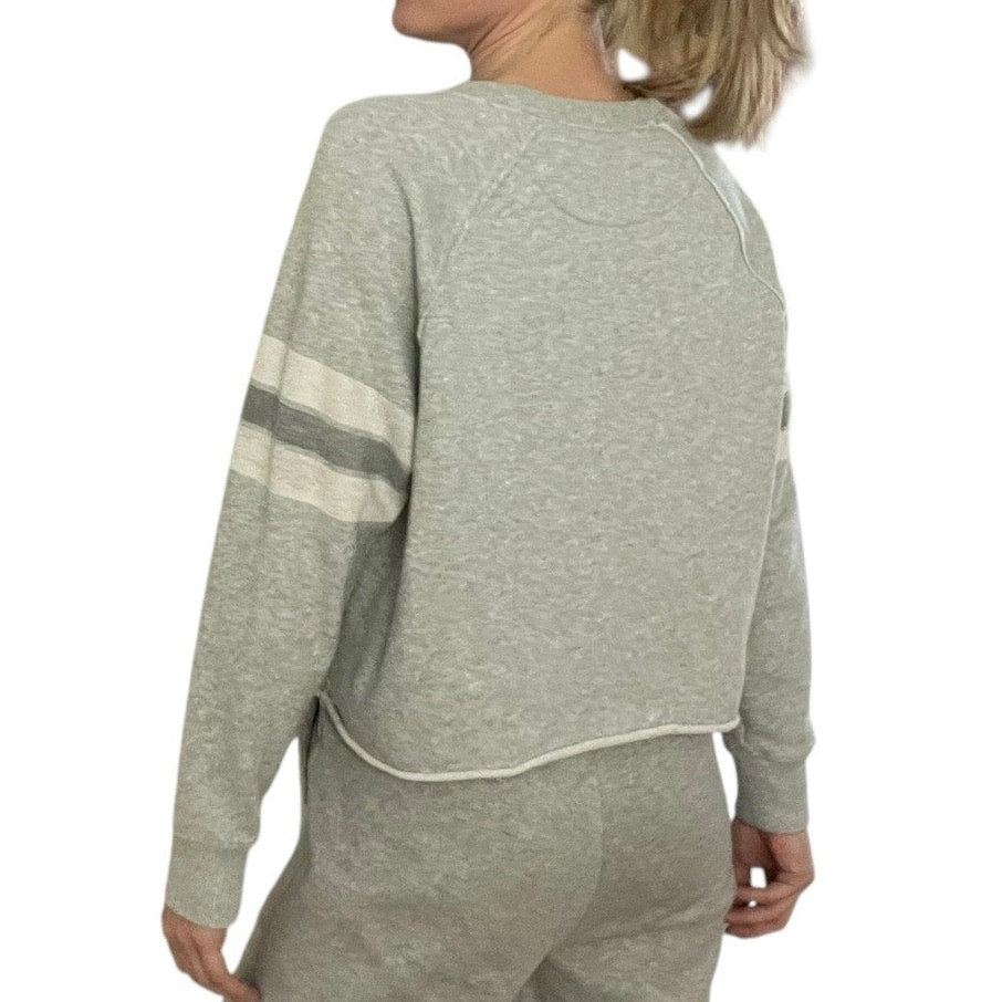 Aerie Grey 06 Graphic Striped Sleeves Crewneck Sweatshirt