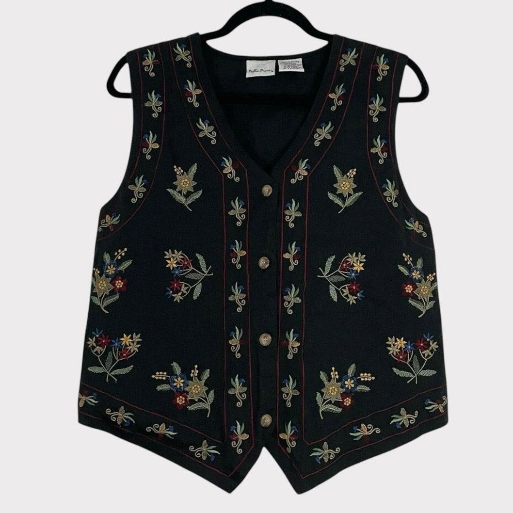 Bobbie Brooks Vintage Black Embroidered Button Down Vest