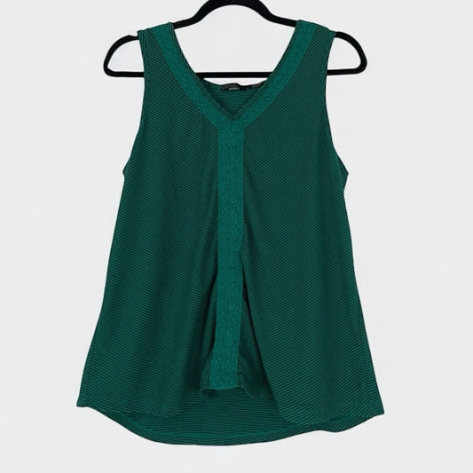 PrAna Green and Black Striped Soft Boho Lace Trim Cinched Tank Top