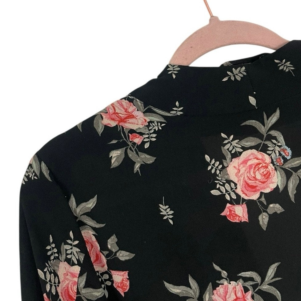 Divided by H&M Black & Pink Floral Tie Front Kimono Top