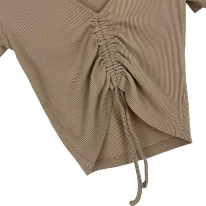 Beige Ribbed Cinched Short Sleeve Cropped Top