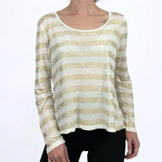 Jennifer Lopez Glittery Gold and White Striped Sheer Long Sleeve Top