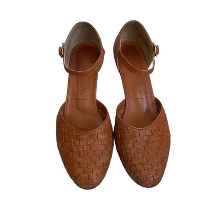 Vintage 70s Jacques Cohen Terracotta Woven Toe Genuine Leather Mid Block Heels