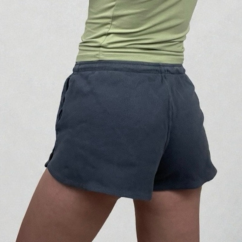 John Galt Blue Waffle Knit Casual Mini Lounge Shorts