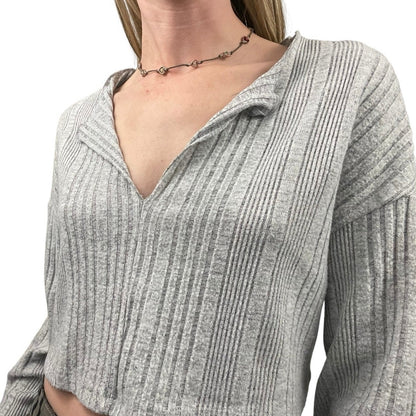 Grey Ribbed Cropped V-Neck Long Sleeve Top