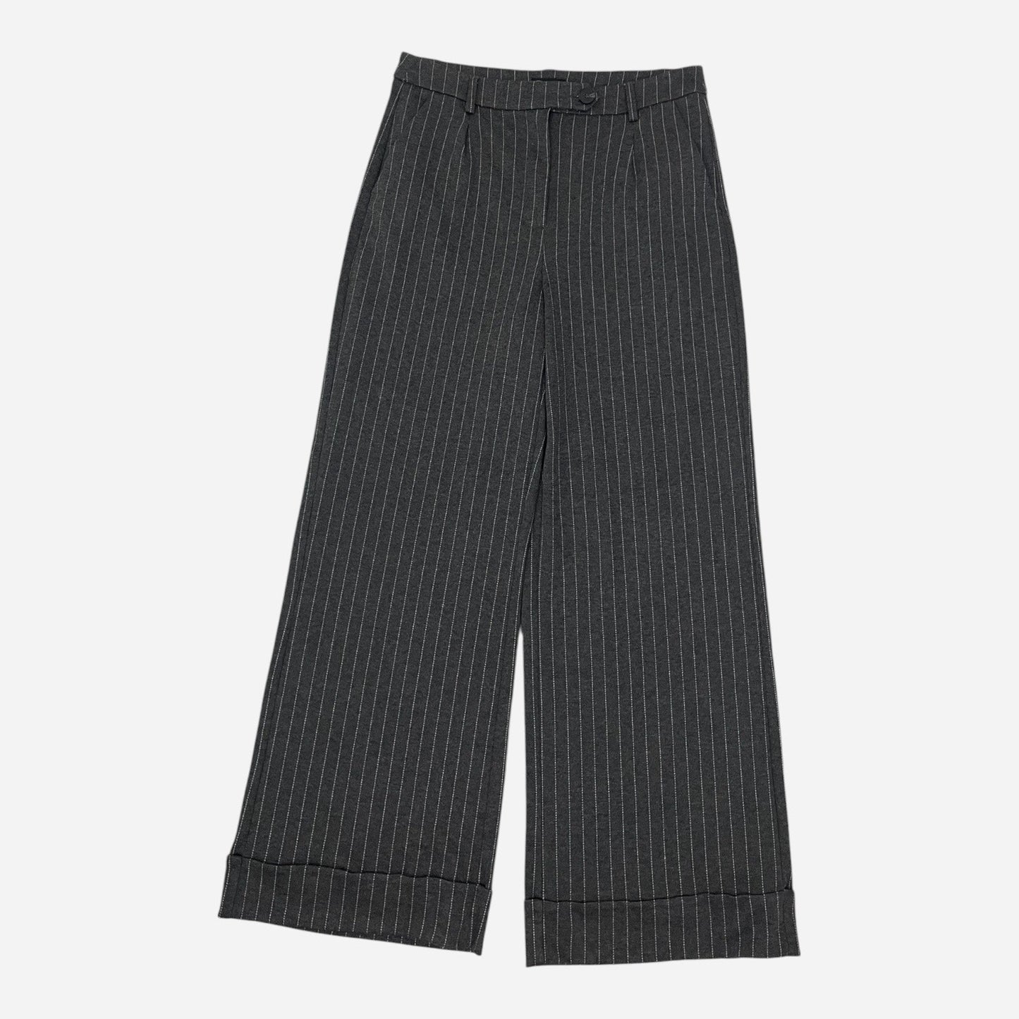 Shinestar Grey Pin Striped Wide Leg Cuffed Trousers