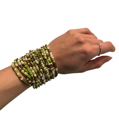 Vintage Green & White Beaded Brown Wooden Clasp Chunky Layered Bracelet