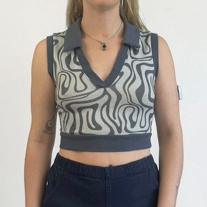 SHEIN Navy Blue Abstract Swirl Cropped V-Neck Collared Knit Top