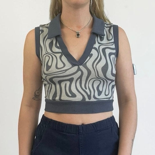 SHEIN Navy Blue Abstract Swirl Cropped V-Neck Collared Knit Top
