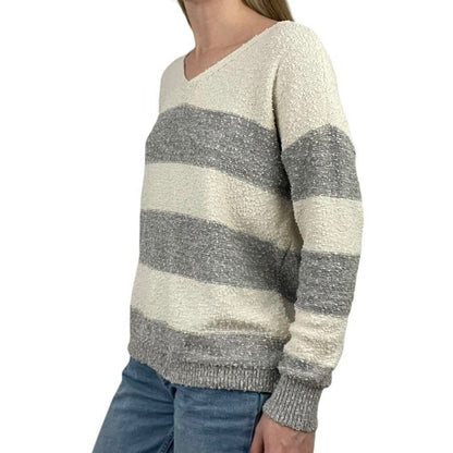 Knox Rose Grey & Cream Striped Knit V-Neck Sweater