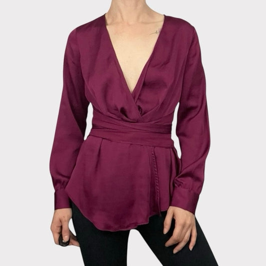 Moulinette Soeurs by Anthropologie Silky Maroon Wrap Long Sleeve V-Neck Blouse