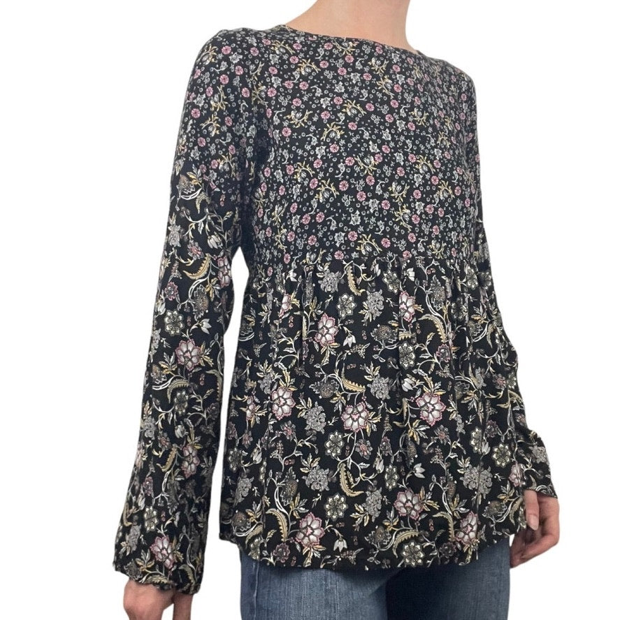 Lascana for Venus Black Floral Long Sleeve Billowy Blouse