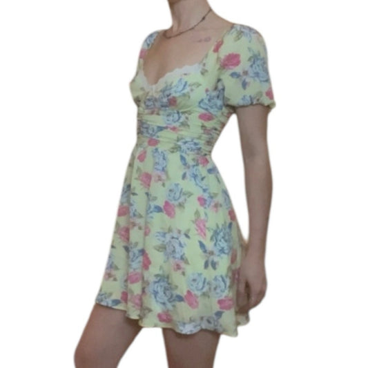 Forever 21 Yellow Floral Puff Sleeve A-Line Ruched Mini Dress