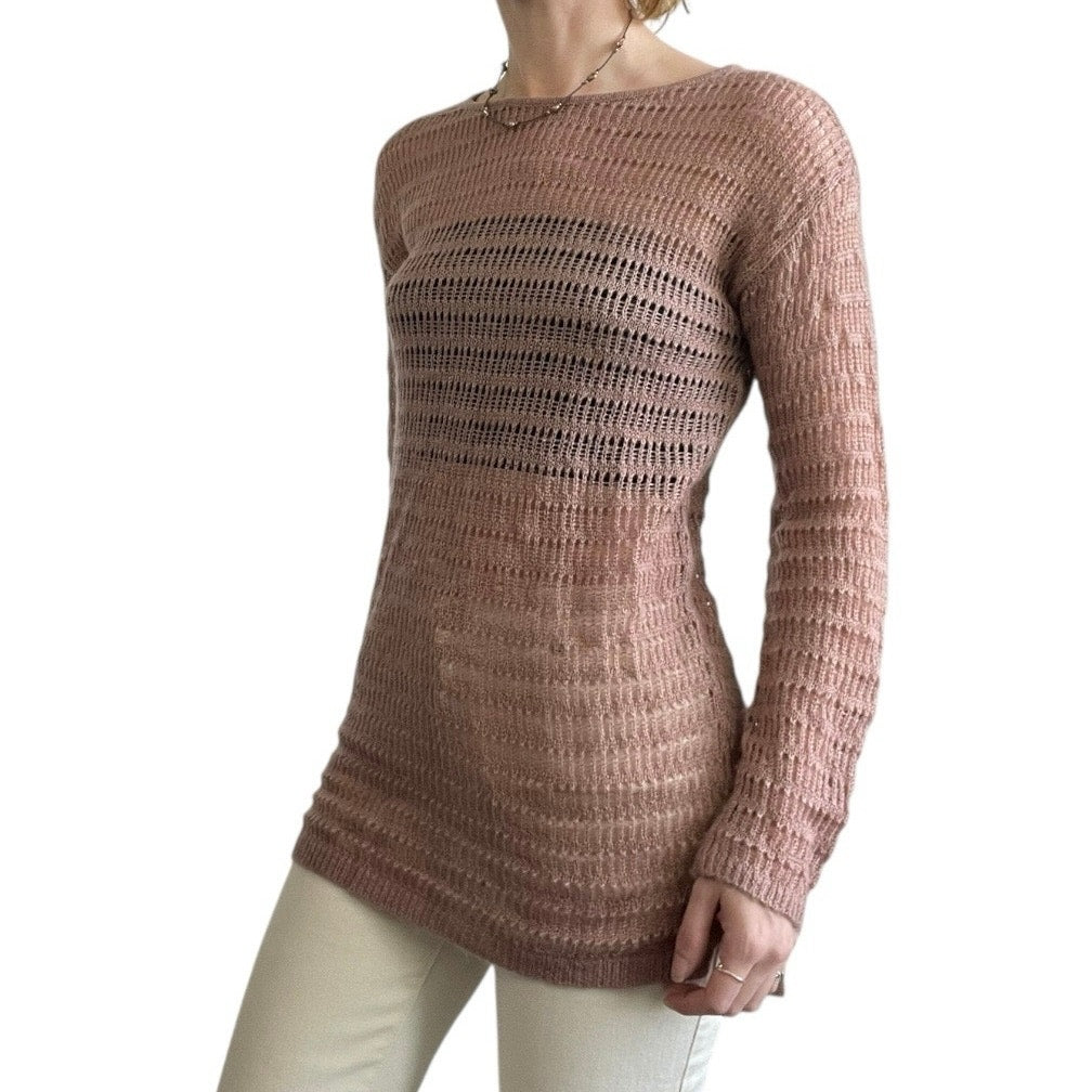 Frenchi Shimmery Pink Long Sleeve Loose Knit Long Blouse