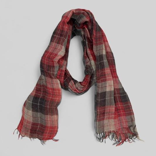 Soft Red and Brown Plaid Knit Scarf with Fringe