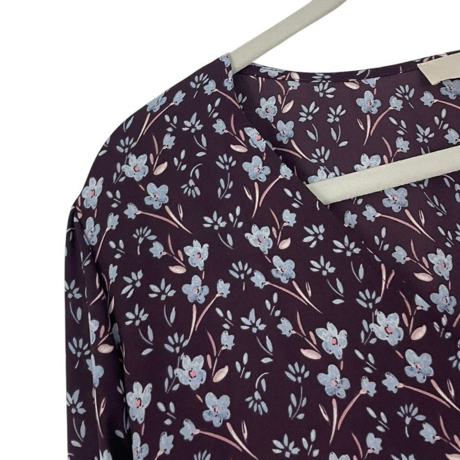 LOFT Purple Floral Button Down Long Sleeve Blouse