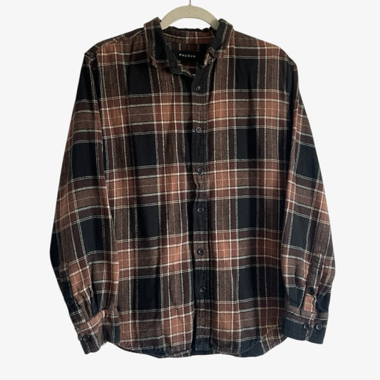 PacSun Mens Brown & Black Plaid Long Sleeve Button Down Shirt