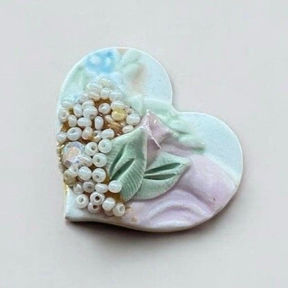 Vintage Pastel Beaded Floral Heart Pendant Brooch Pin
