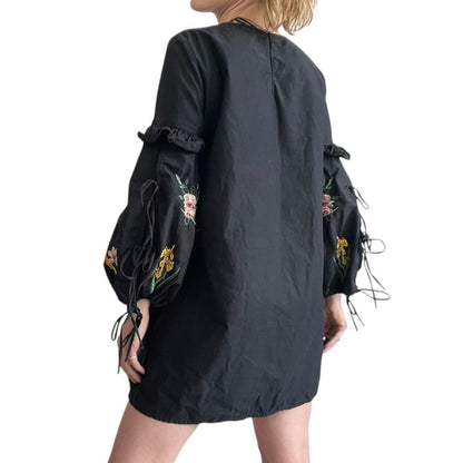 Trafaluc by Zara Black Mini Dress with Lace Up Floral Embroidered Long Sleeves
