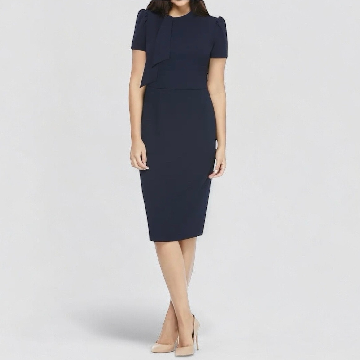 NWT Maggy London Navy Blue Tie Neck Puff Sleeve Scuba Crepe Dress