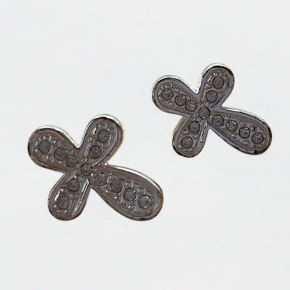Vintage Silver Rhinestone Rounded Clover Cross Pendant Stud Earrings