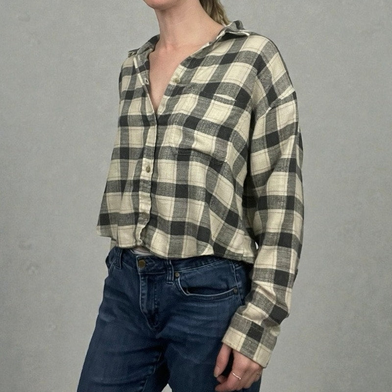 American Eagle Beige & Grey Plaid Long Sleeve Button Down Shirt