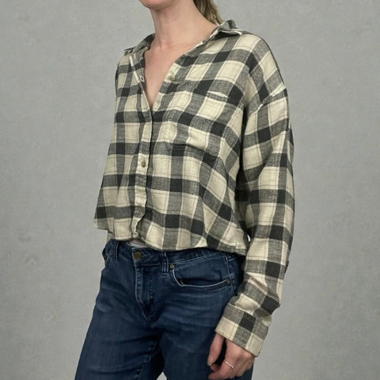 American Eagle Beige & Grey Plaid Long Sleeve Button Down Shirt