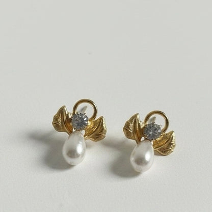 Vintage Gold Tone Leaf Faux Pearl Drop Stud Earrings