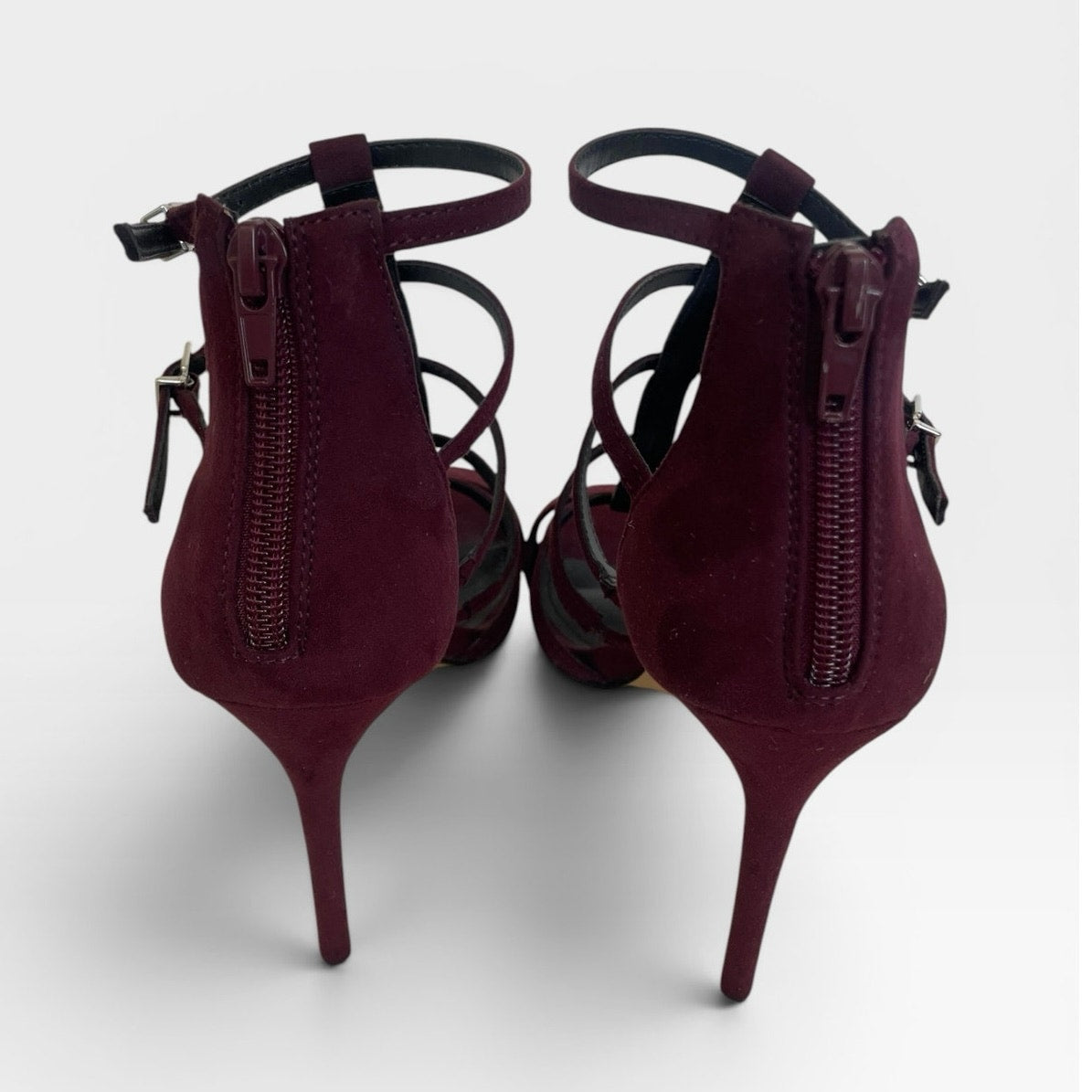 Express Burgundy Faux Suede Strappy Cage Stiletto Heels