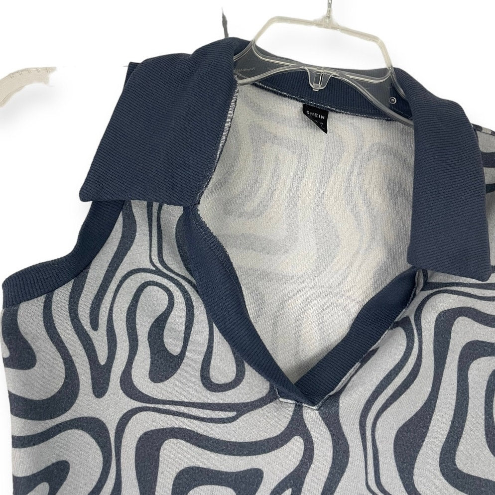 SHEIN Navy Blue Swirly Funky 70s Collared Cropped Top