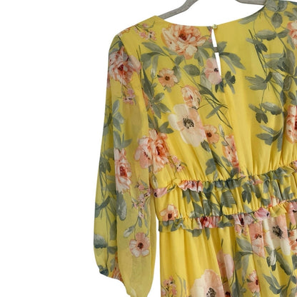 Luxology Yellow Floral Tiered Puff Half Sleeve V-Neck Maxi Dress