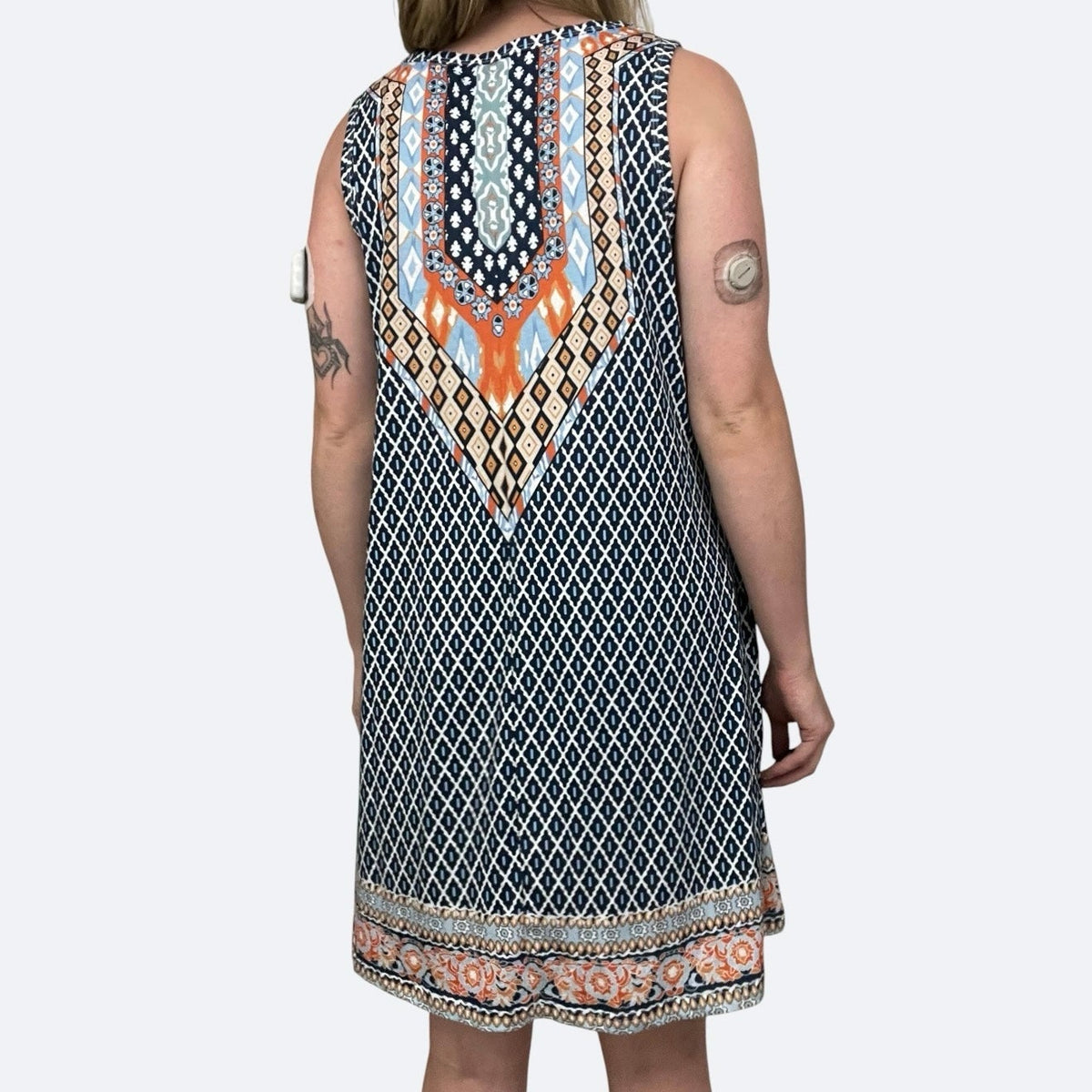 Blue & Orange Geometric Boho Print Mini Dress with Pockets